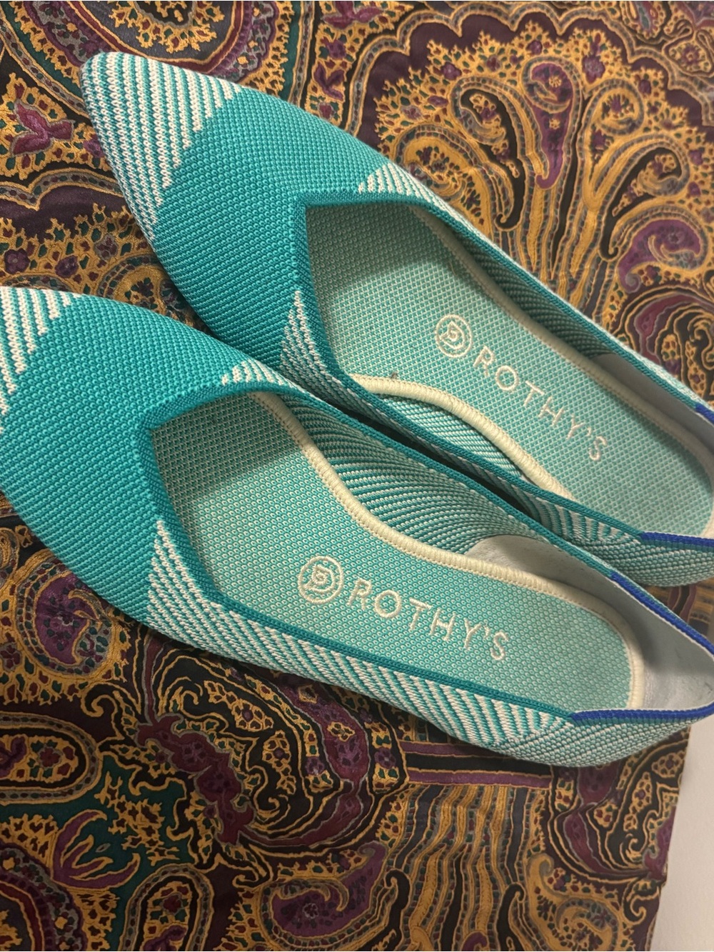 Rothy's Turquoise and White Knit Pointed-Toe Flats